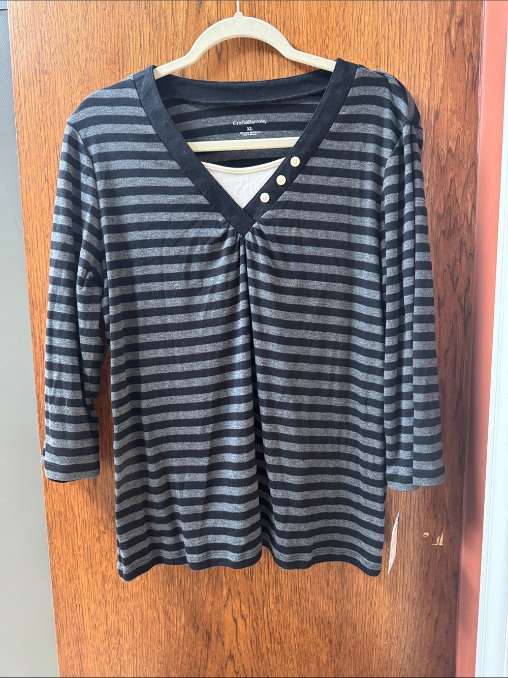 NWT croft & barrow Striped Crewneck Top in Black, Gray and Cream